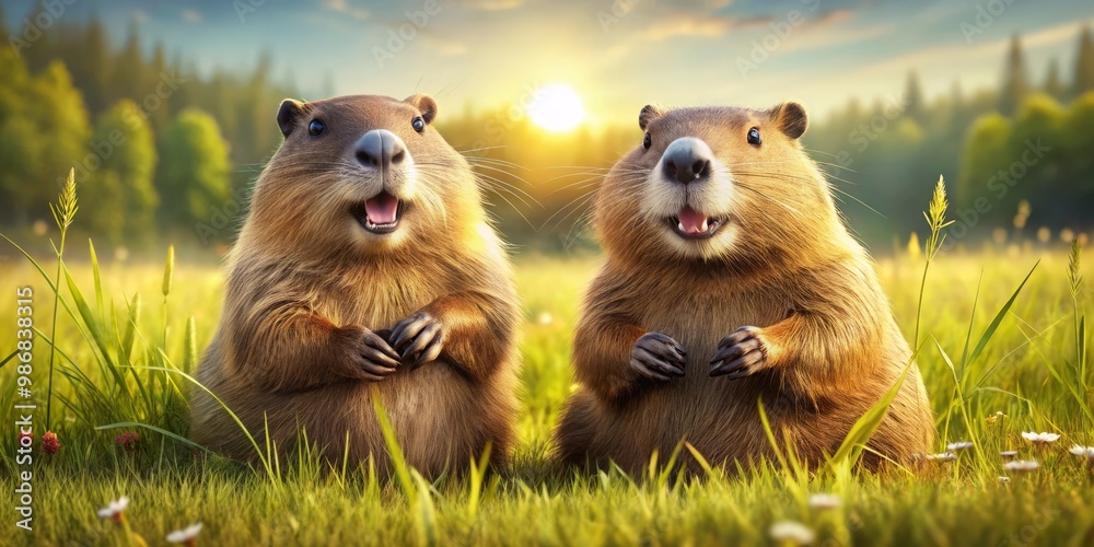 Two beaver-like creatures sat together in a sunny meadow, their buck teeth grinning as they basked in the Two beaver-like creatures sat together in a sunny meadow, their buck teeth grinning as they basked in the