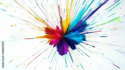Radiant burst of multicolored paint splashes against pristine white background. Vibrant spectrum of hues explodes from central point, creating dynamic starburst effect.