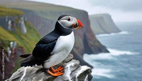 Nesting Atlantic Puffin on Noss Island Cliffs, Shetlands Wildlife Beauty photo