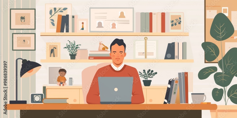 Fototapeta premium A businessman working from a home office, sending emails on his laptop, with family photos and books on the shelf behind, illustrating work-life balance