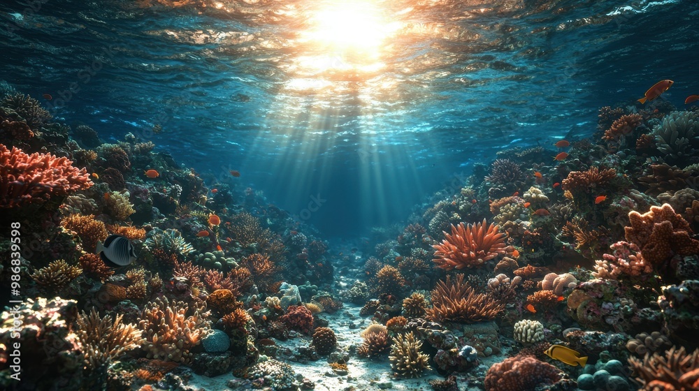 Fototapeta premium Vibrant Underwater Coral Reef Scene with Sunlight Rays and Tropical Fish