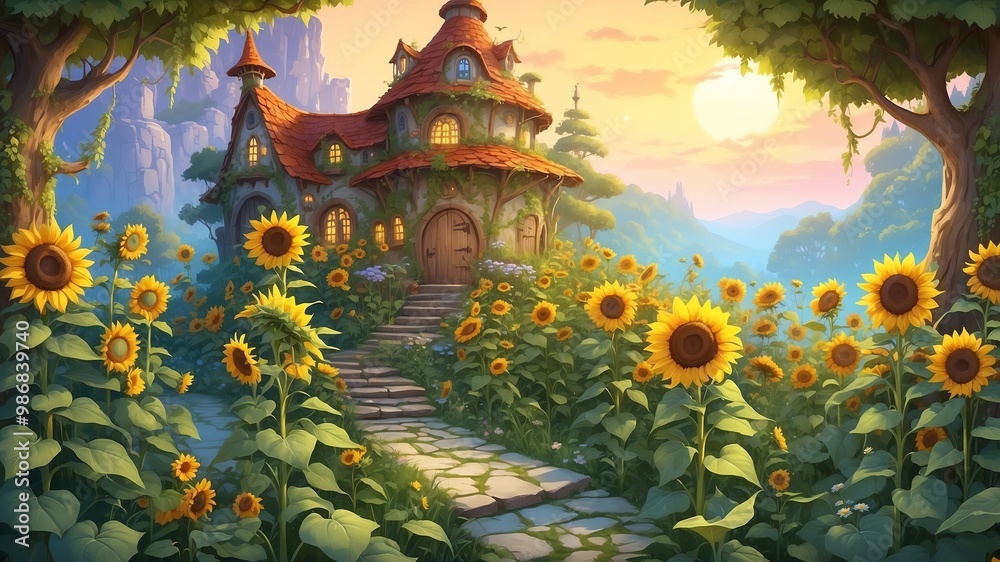 Obraz premium Enchanted Garden with Sunflowers Cartoon Background Design