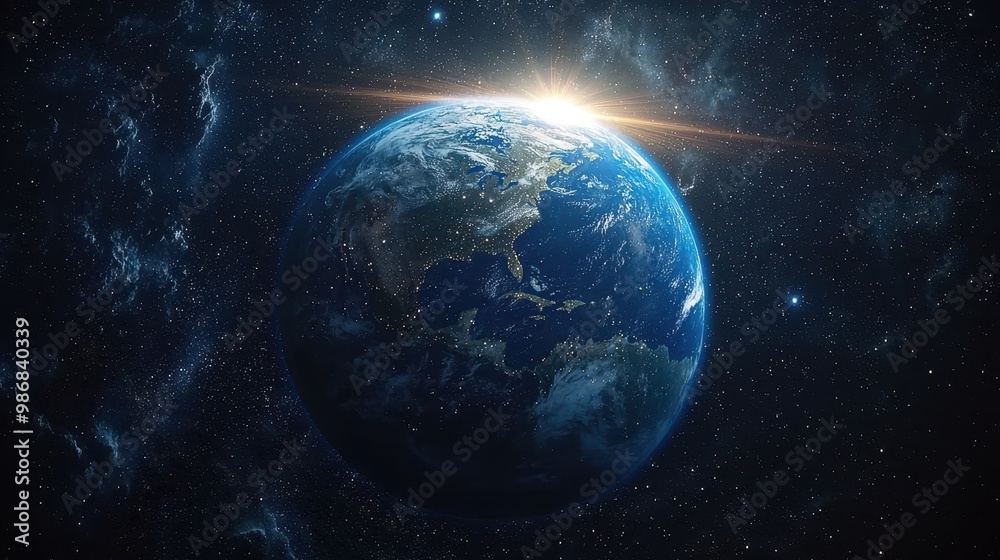 Earth from Space with Sun Rays and Stars