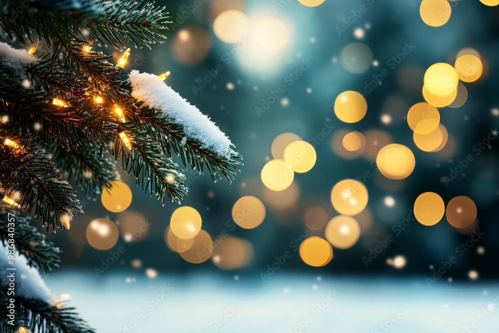 A festive horizontal design featuring a snow-covered pine branch with warm string lights, creating a cozy and magical winter atmosphere. The background bokeh of twinkling lights and falling snow evok A festive horizontal design featuring a snow-covered pine branch with warm string lights, creating a cozy and magical winter atmosphere. The background bokeh of twinkling lights and falling snow evok