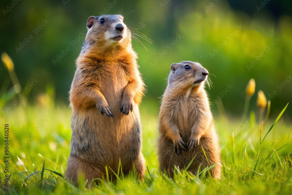 Two rodents stand alert in a field, one an agile gopher and the other a burly woodchuck. Two rodents stand alert in a field, one an agile gopher and the other a burly woodchuck.