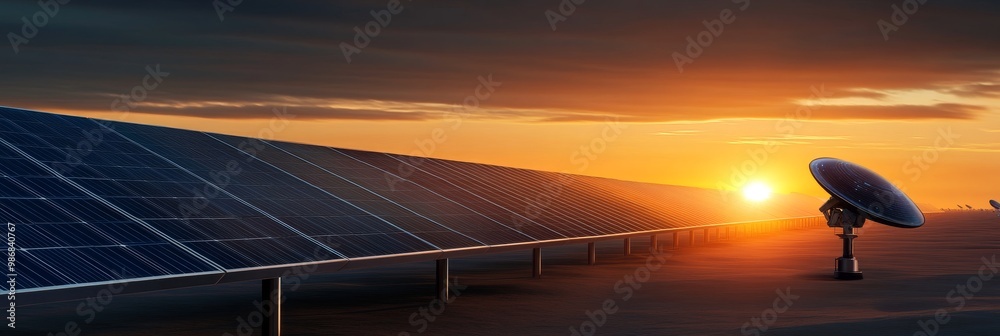 A futuristic solar panel farm stretches across a vast landscape, capturing the energy of the setting sun. Advanced technology and clean energy converge in this breathtaking scene, representing the pro A futuristic solar panel farm stretches across a vast landscape, capturing the energy of the setting sun. Advanced technology and clean energy converge in this breathtaking scene, representing the pro