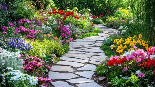 Wallpaper Mural A beautiful outdoor garden in full bloom, with colorful flowers and stone pathways Torontodigital.ca