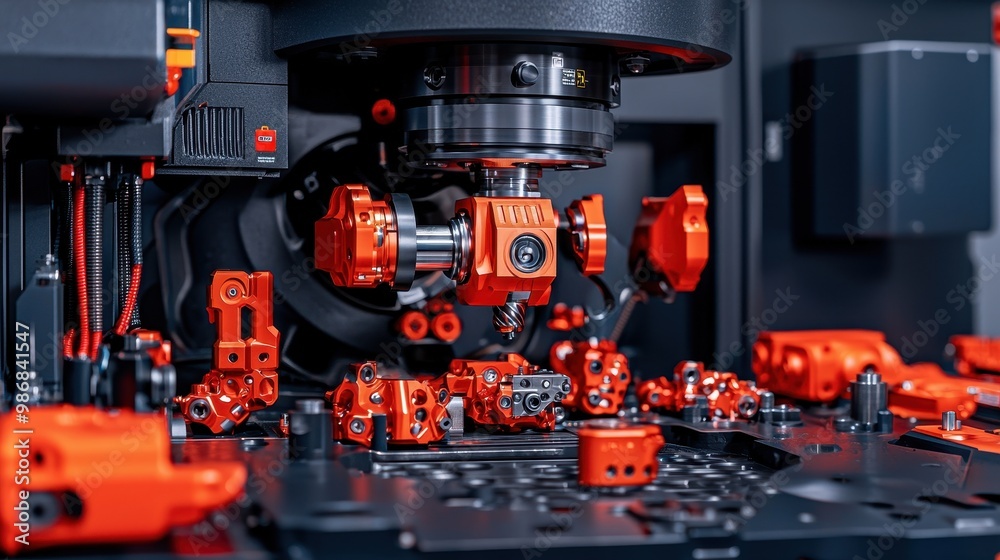 CNC Machine with Red Parts in Industrial Factory CNC Machine with Red Parts in Industrial Factory