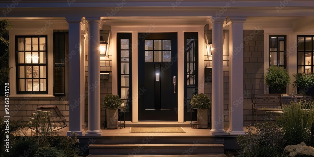 A smart home entryway with automated lighting, a smart doorbell, and a smart lock, showcasing the convenience of interconnected devices for enhanced security and ease of access A smart home entryway with automated lighting, a smart doorbell, and a smart lock, showcasing the convenience of interconnected devices for enhanced security and ease of access
