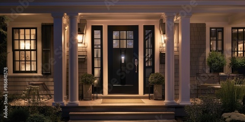 A smart home entryway with automated lighting, a smart doorbell, and a smart lock, showcasing the convenience of interconnected devices for enhanced security and ease of access