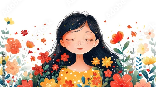 Whimsical Girl and Floral Illustration on White Background