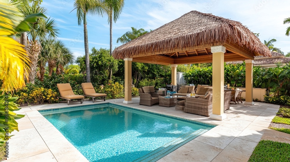 Cozy Poolside Cabana with Comfortable Lounge Chairs and Refreshing Drink: Tropical Vacation Oasis Featuring Relaxation and Leisure by a Beautiful Poolside. Cozy Poolside Cabana with Comfortable Lounge Chairs and Refreshing Drink: Tropical Vacation Oasis Featuring Relaxation and Leisure by a Beautiful Poolside.