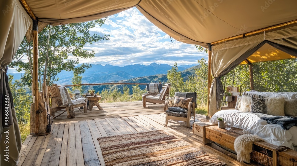 A luxurious outdoor glamping tent with a wooden deck, cozy chairs, and a view of the mountains A luxurious outdoor glamping tent with a wooden deck, cozy chairs, and a view of the mountains