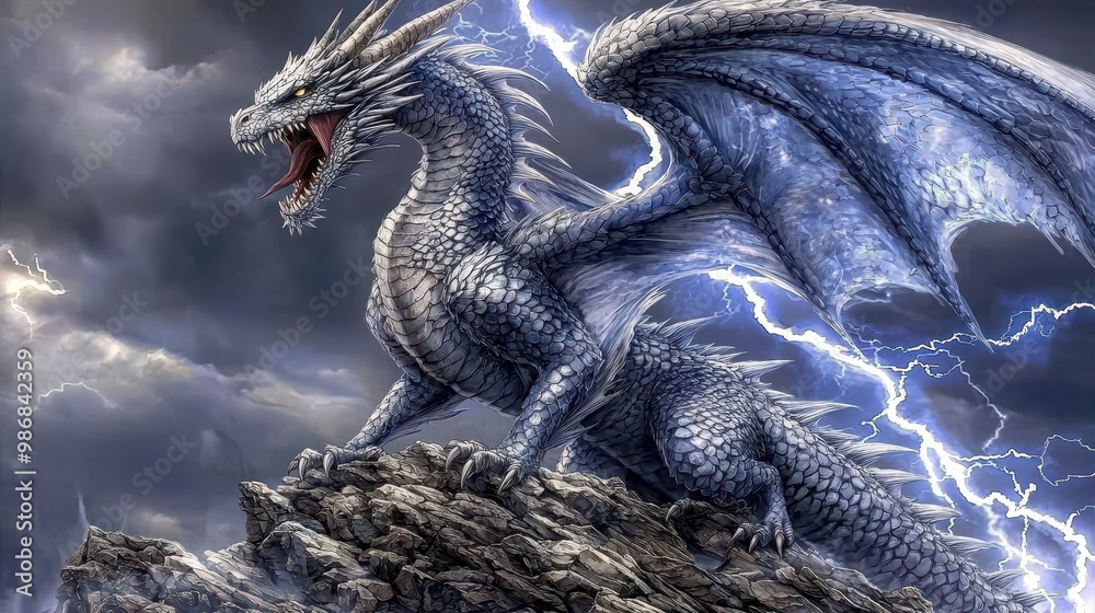 Naklejka premium Mighty Silver Dragon Roaring In Thunderstorm