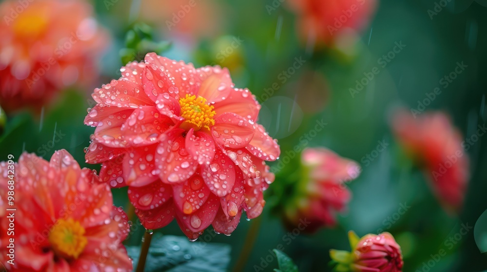 Rainy Dahlia Garden: Beautiful Flowers with Droplets Rainy Dahlia Garden: Beautiful Flowers with Droplets