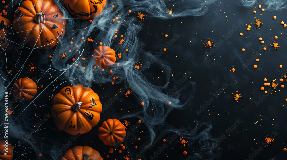 Halloween Pumpkins and Candy Decorations with Spider Webs on Dark Background Halloween Pumpkins and Candy Decorations with Spider Webs on Dark Background
