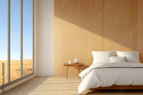 A minimalist bedroom with a wooden wall, large windows, and a comfortable bed, creating a serene and welcoming atmosphere.