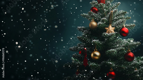 Realistic Christmas tree with festive decorations and lights, placed in an abstract and unreal background for poster or holiday promotional material, creating a magical and festive atmosphere.