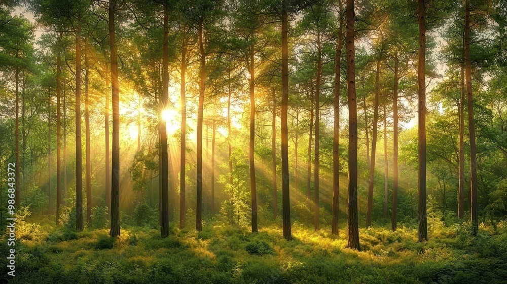 Fototapeta premium Sunbeams through Forest Trees at Sunrise