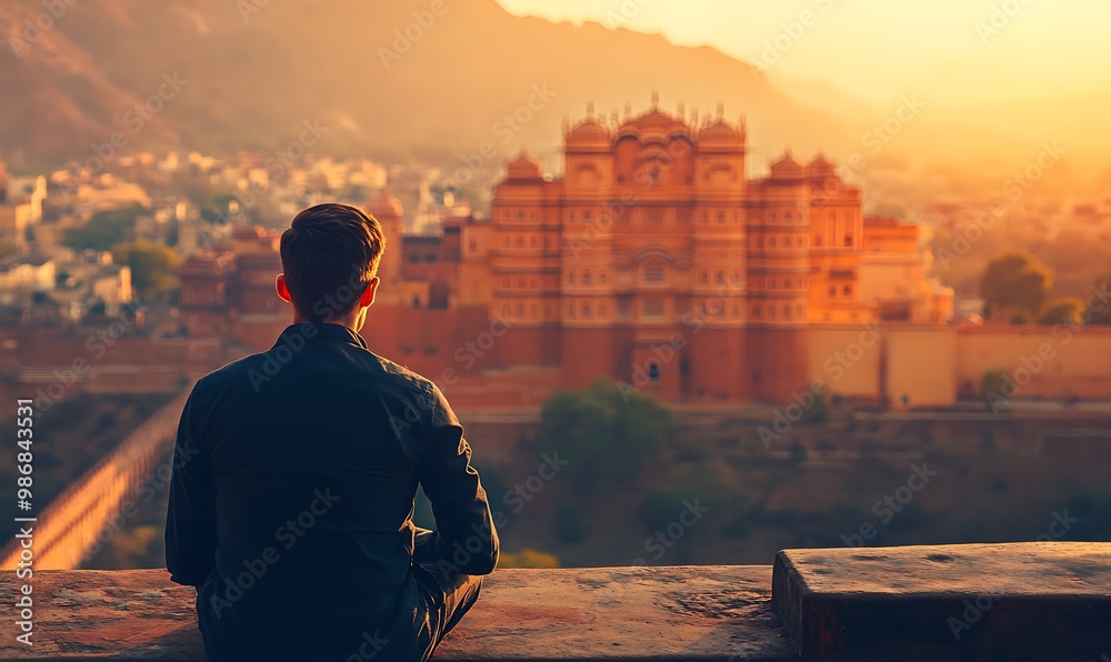 Fototapeta premium Silhouetted Man Gazing at the Hawa Mahal in Jaipur