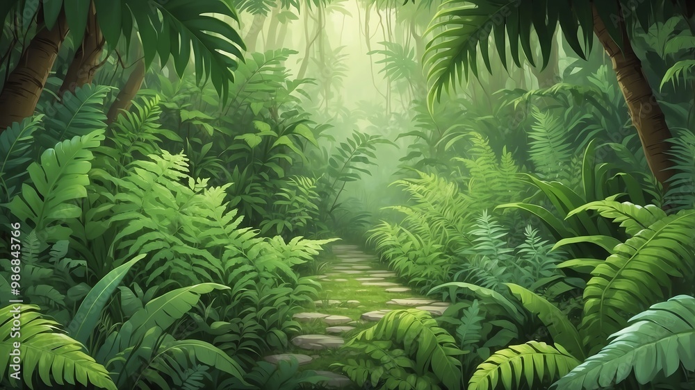 Fototapeta premium Lush Greenery and Ferns Cartoon Background Design