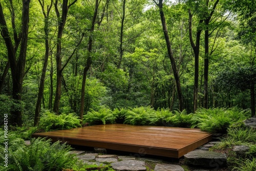 A serene outdoor forest meditation area with a wooden platform surrounded by ferns and trees