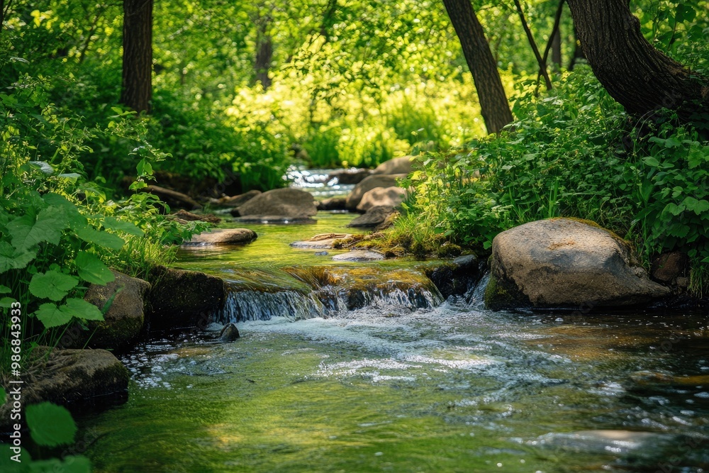 A serene outdoor nature scene with a calm river flowing through a forest full of vibrant greenery A serene outdoor nature scene with a calm river flowing through a forest full of vibrant greenery