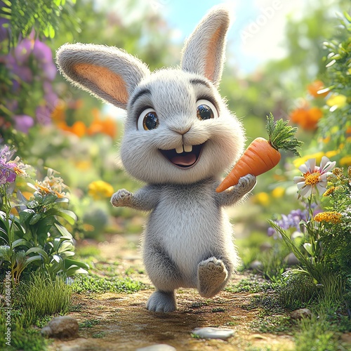 A cheerful cartoon rabbit happily holds a carrot while hopping through a vibrant flower garden, embodying joy and whimsy.