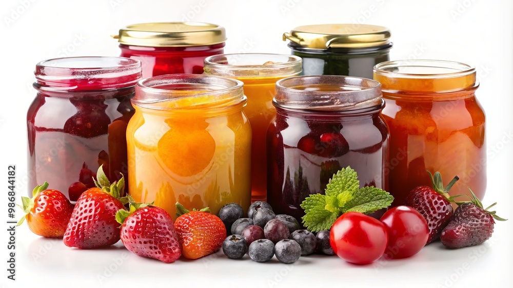 Vibrant colors of fruit jam fill clear jars against a crisp white background, creating a visually appealing Vibrant colors of fruit jam fill clear jars against a crisp white background, creating a visually appealing