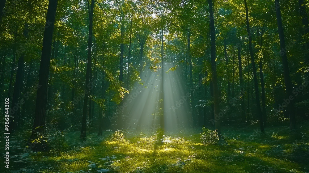 Obraz premium Sunbeams Through Green Forest Trees
