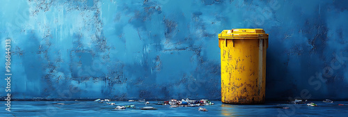 Grungy yellow trash can against a textured blue wall, weathered waste bin in a gritty urban setting, industrial background with copy space