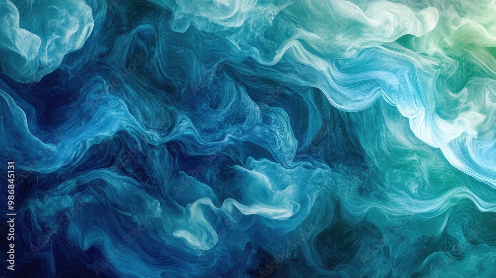 Abstract waves flowing in rhythmic patterns, with varying shades of blue and green