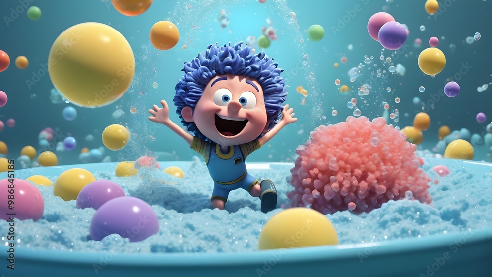 The Scrubby is diving into a pile of bubbles, happily scrubbing away at a giant plate. Bubbly Betty is floating above him on a cluster of bubbles, looking elegant and calm. The Scrubby is diving into a pile of bubbles, happily scrubbing away at a giant plate. Bubbly Betty is floating above him on a cluster of bubbles, looking elegant and calm.