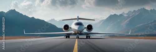 A pristine private jet stands poised on the tarmac, ready to take off against a backdrop of majestic mountains, symbolizing luxury, travel, adventure, success, and freedom.