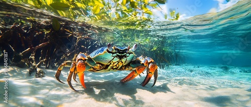 Colorful crab underwater in mangrove area