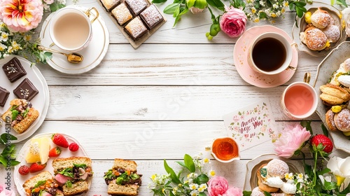 Mother's Day tea table scene on white wooden background. Greeting card, gift, flowers, vintage tea set, finger sandwiches, chocolates, sweets and fruits. and beautiful design