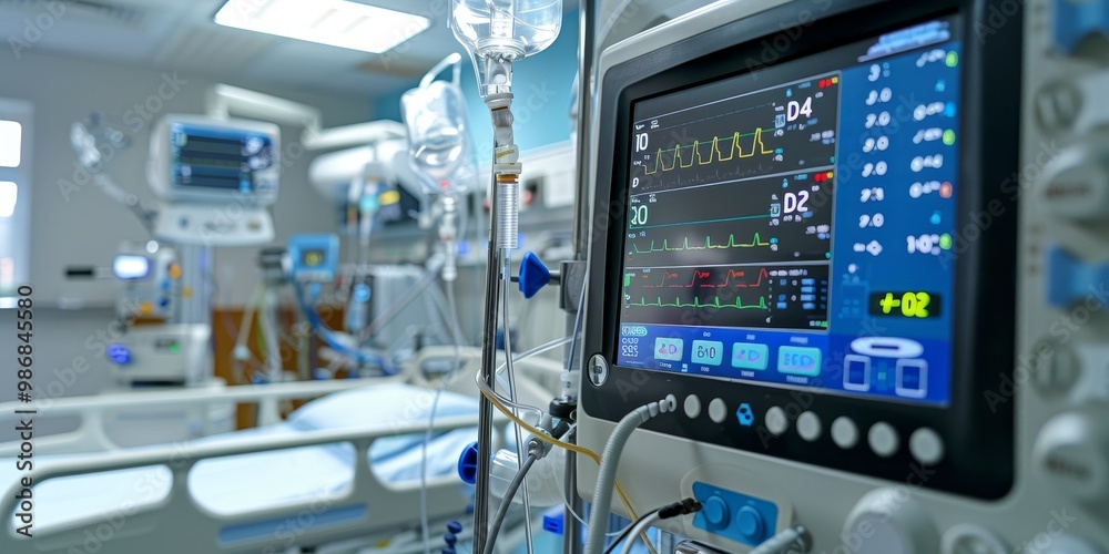 Ventilator setup in an ICU, with a focus on the machine's screen showing patient data, surrounded by life support apparatus and connected medical devices for intensive monitoring Ventilator setup in an ICU, with a focus on the machine's screen showing patient data, surrounded by life support apparatus and connected medical devices for intensive monitoring