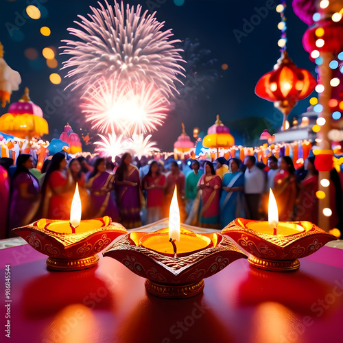  Diwali Festival of Lights with Fireworks and Decorative Diya's photo