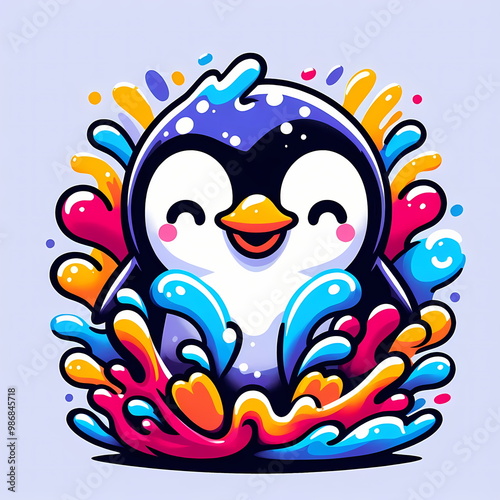 A closeup action shot of Penguin splashing in water.