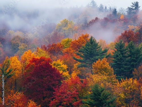 An autumn landscape with a foggy morning and trees covered in rich fall colors