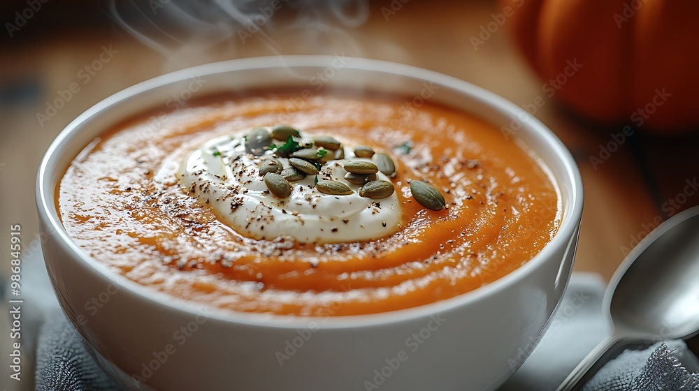 A bowl of steaming pumpkin soup topped with cream, pumpkin seeds, and herbs, with a spoon and pumpkin in the background. A bowl of steaming pumpkin soup topped with cream, pumpkin seeds, and herbs, with a spoon and pumpkin in the background.