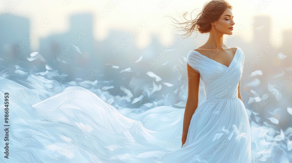 Woman in White Dress with Flowing Fabric in Cityscape Woman in White Dress with Flowing Fabric in Cityscape