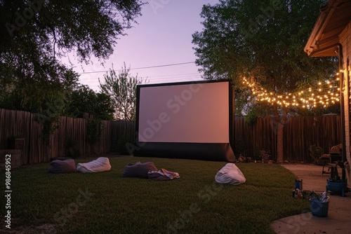 An outdoor movie night in a backyard, with a large projector screen, bean bags, and fairy lights photo