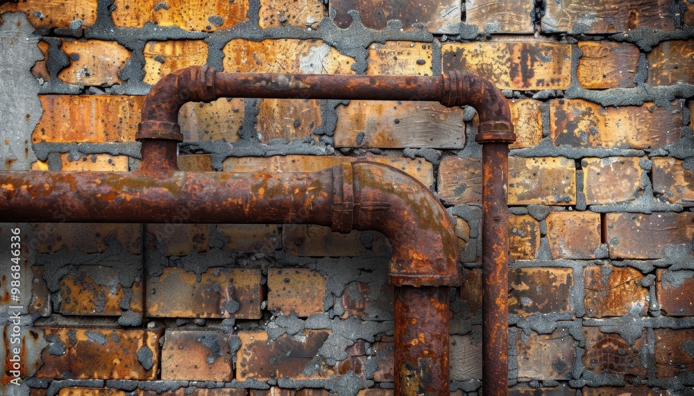 Rusty pipes against a weathered brick wall in an industrial space showcasing years of wear and tear Rusty pipes against a weathered brick wall in an industrial space showcasing years of wear and tear