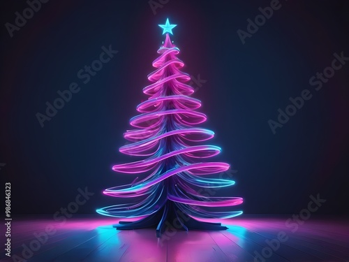 abstract pastel illustation of glowing neon Christmas tree and star in light blue and magenta on reflective floor