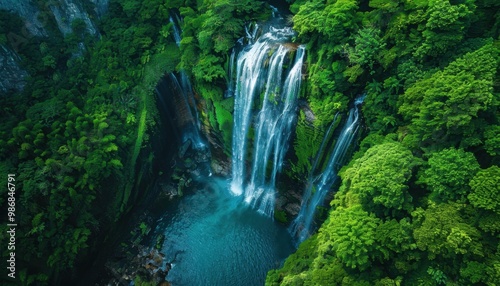 Aerial view of a stunning waterfall cascading into a turquoise pool surrounded by lush greenery in a tropical forest