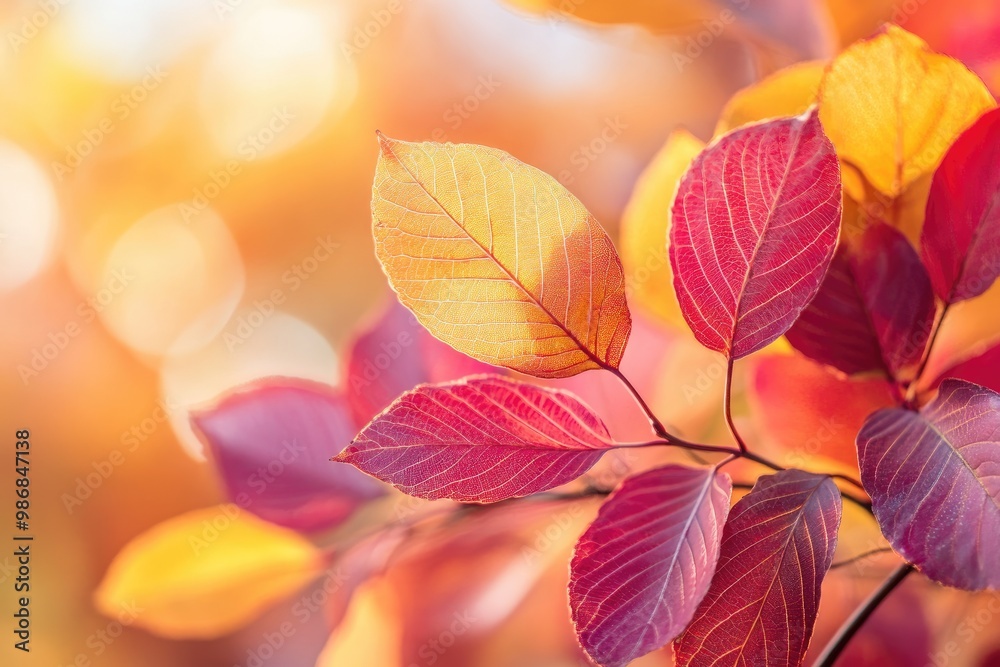 Close-up of autumn leaves in brilliant red, orange, and yellow hues, softly backlit by the sun Close-up of autumn leaves in brilliant red, orange, and yellow hues, softly backlit by the sun