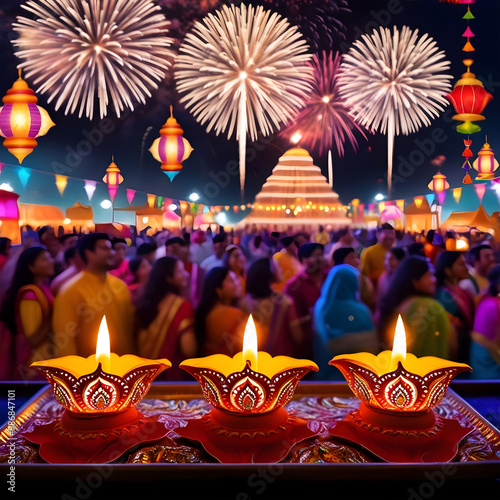  Diwali Festival of Lights with Fireworks and Decorative Diya's photo