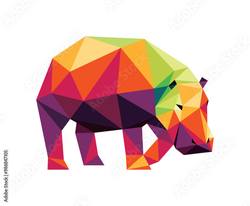 Hippopotamus in Colorful Polygonal Illustration Vector. Hippo in Color Abstract Triangle Vector. Perfect for Kids animal Coloring book.
