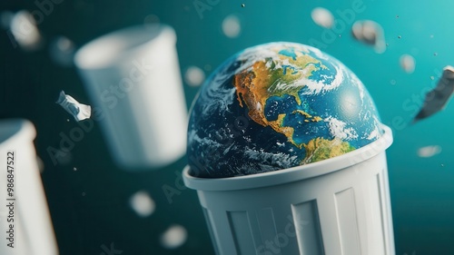 A globe is placed inside a trash can, symbolizing environmental concerns and waste management in a visually striking manner. photo